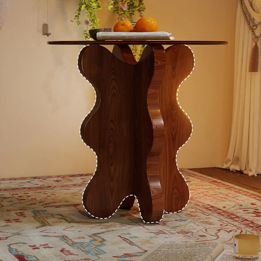 Artistic Round Glass Top Side Table with Sculpted Wood Base