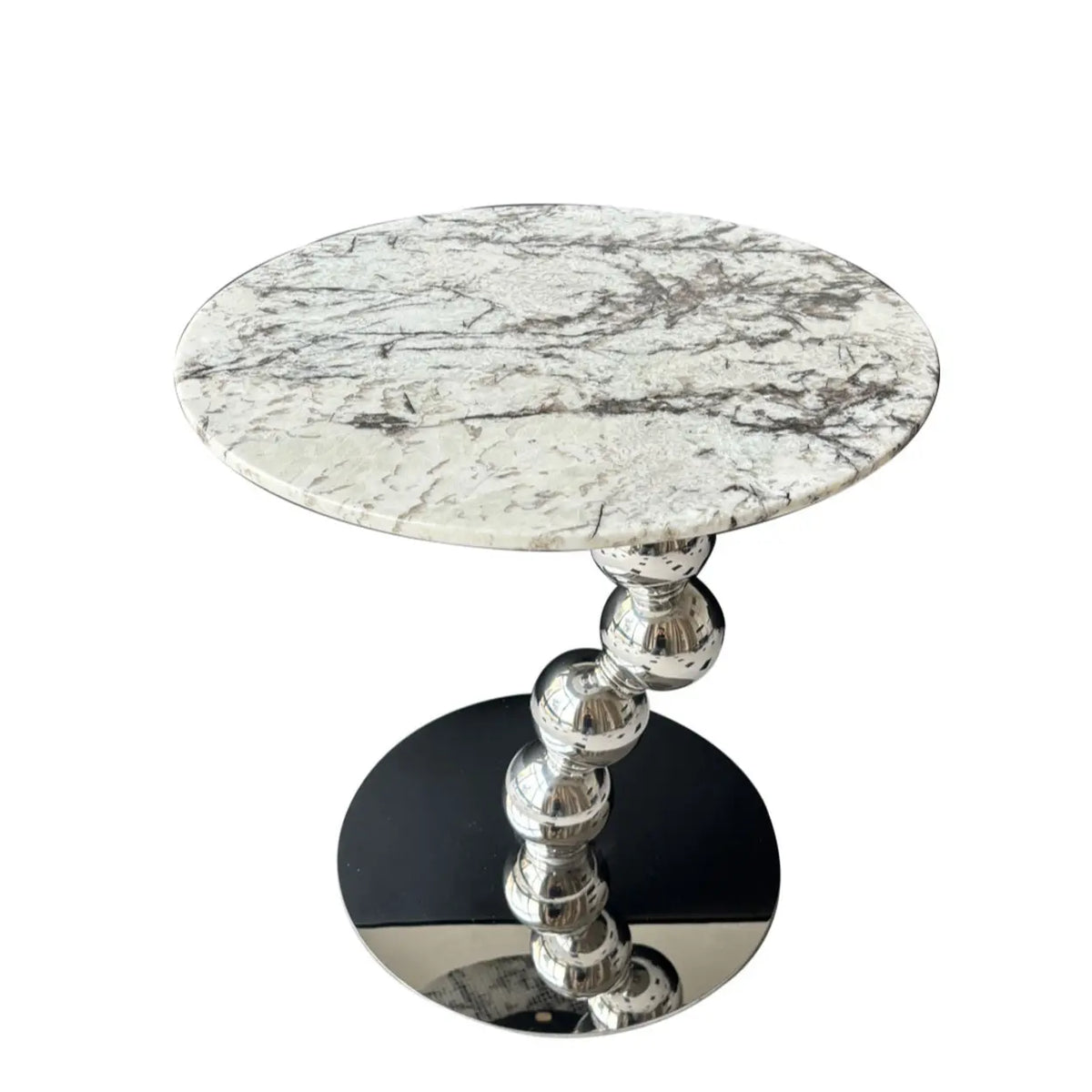 Artistic Round Marble Top Silver Ball Pedestal Side Table
