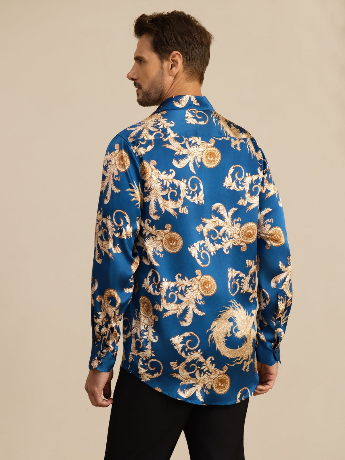 Pure Silk Men's Long Sleeve Lapel Collar Dragon Print Shirt
