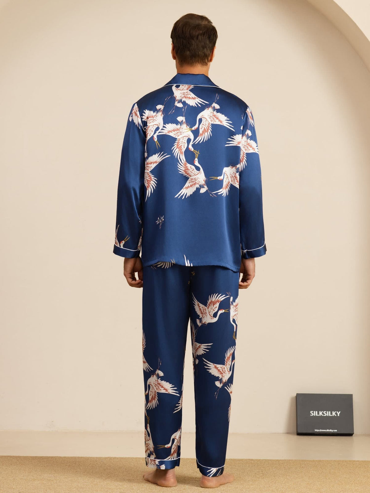 19Momme 100% Mulberry Silk Men's Crane Print Long Sleeve Notch Collar Pajamas Set