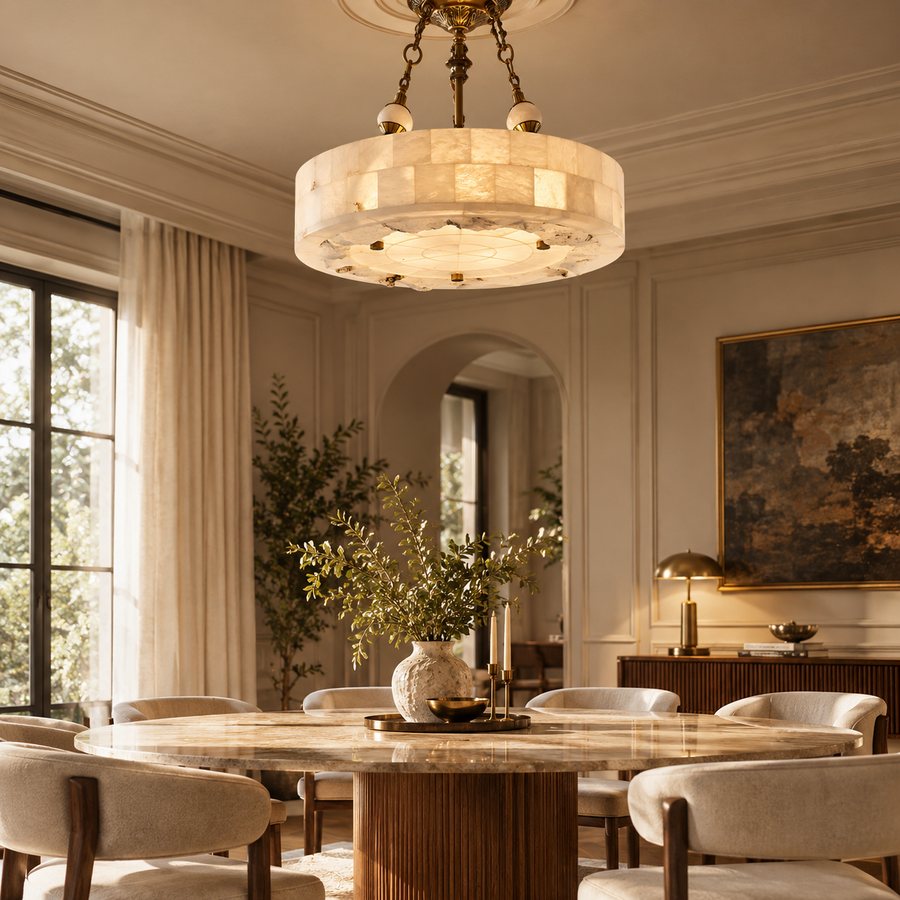 Vintage Circular Alabaster Gold Pendant Light Chandelier