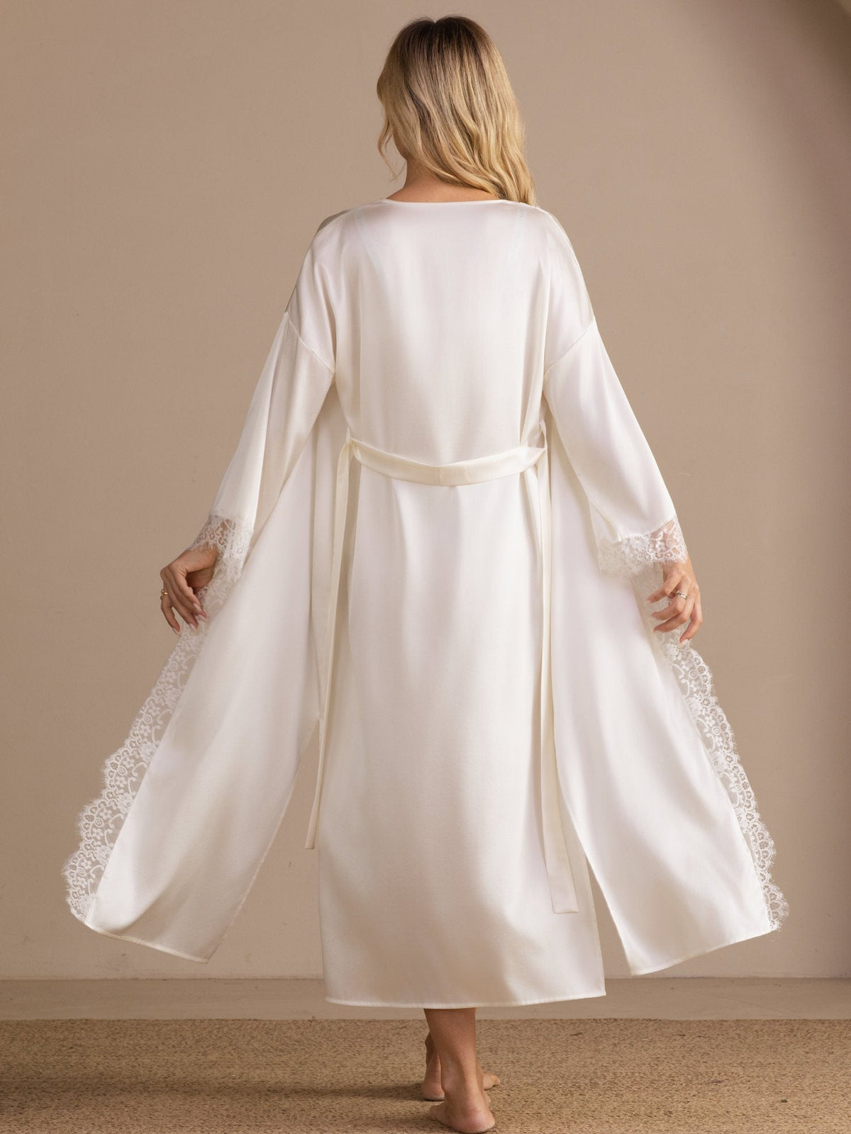 100% Mulberry Silk Women's Kimono Sleeves Lace Trim Midi Robe for Bridal
