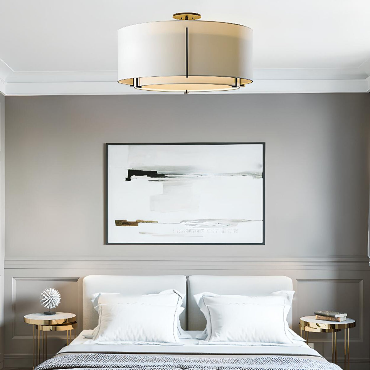 Bedroom Cylinder Textured Fabric Semi-Flush Mount Light