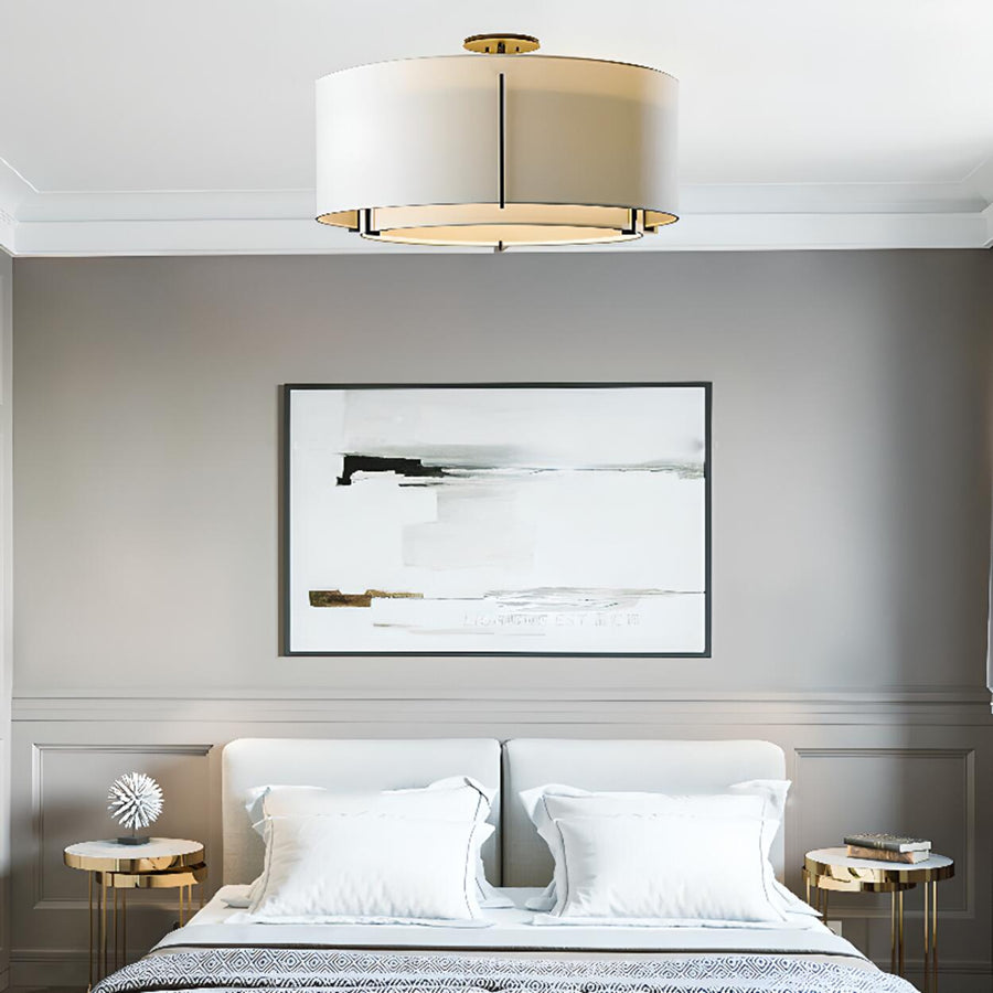 Bedroom Cylinder Textured Fabric Semi-Flush Mount Light