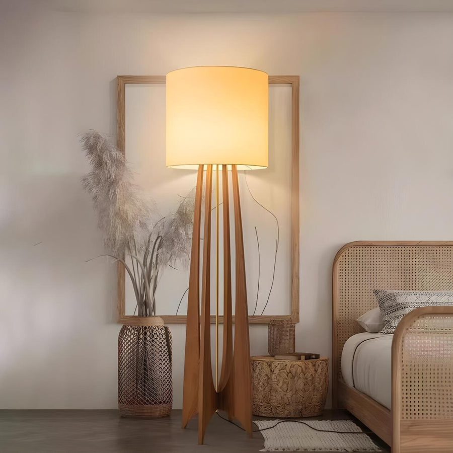 Bedside Cylindrical Fabric Shade Wooden Floor Lamp