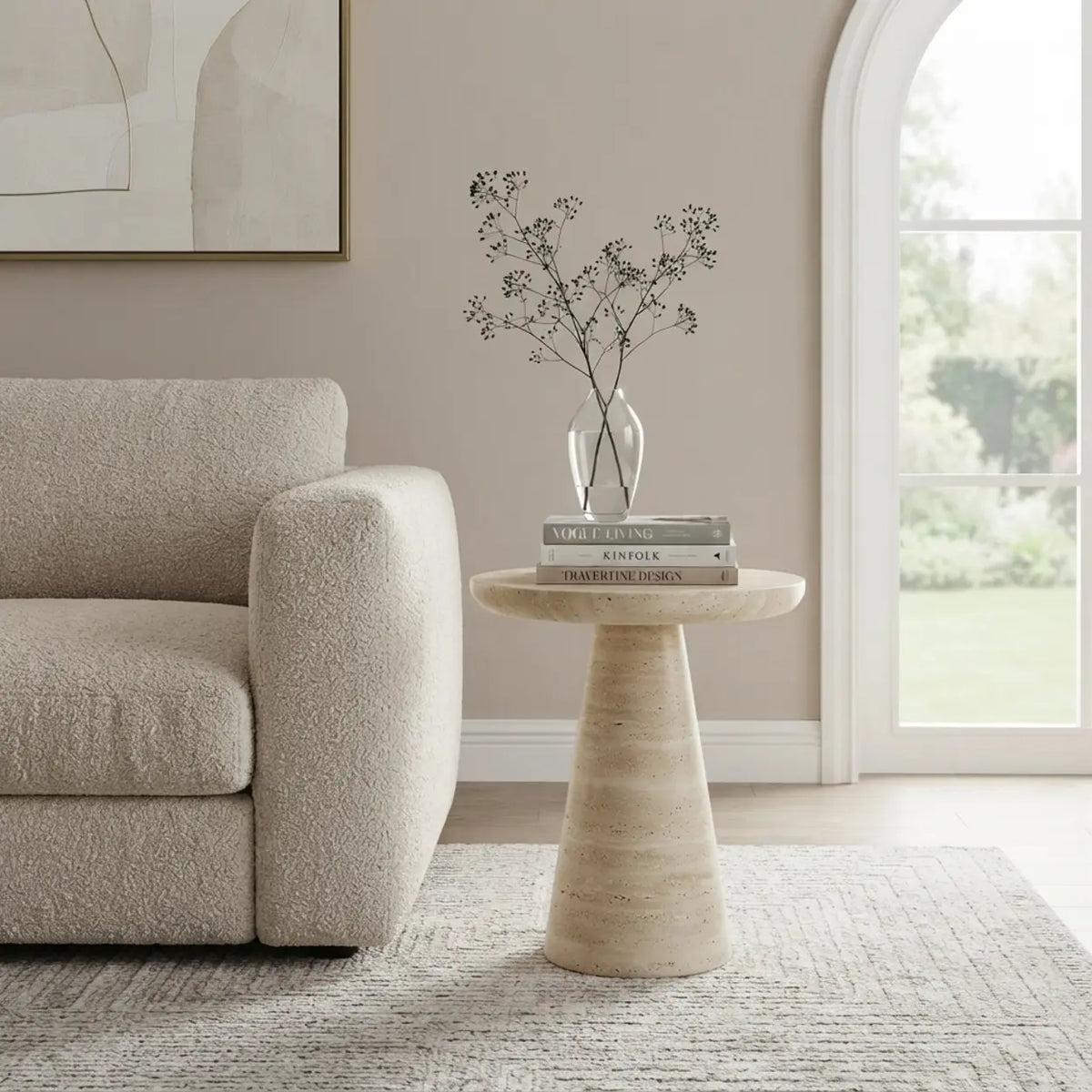 Beige Faux Travertine Stone Round Pedestal Side Table