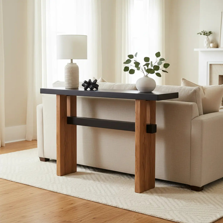 Black and Natural Wood Double Pedestal Console Table