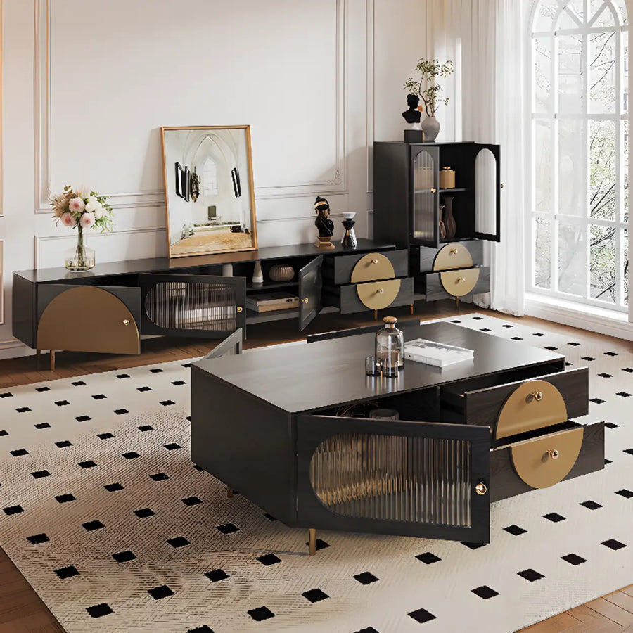 Black Ash Wood Cabinet Drawers Rectangle TV Stand