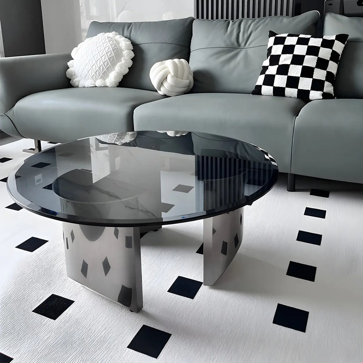 Black Glass Round Silver Steel Three Leg Coffee Table