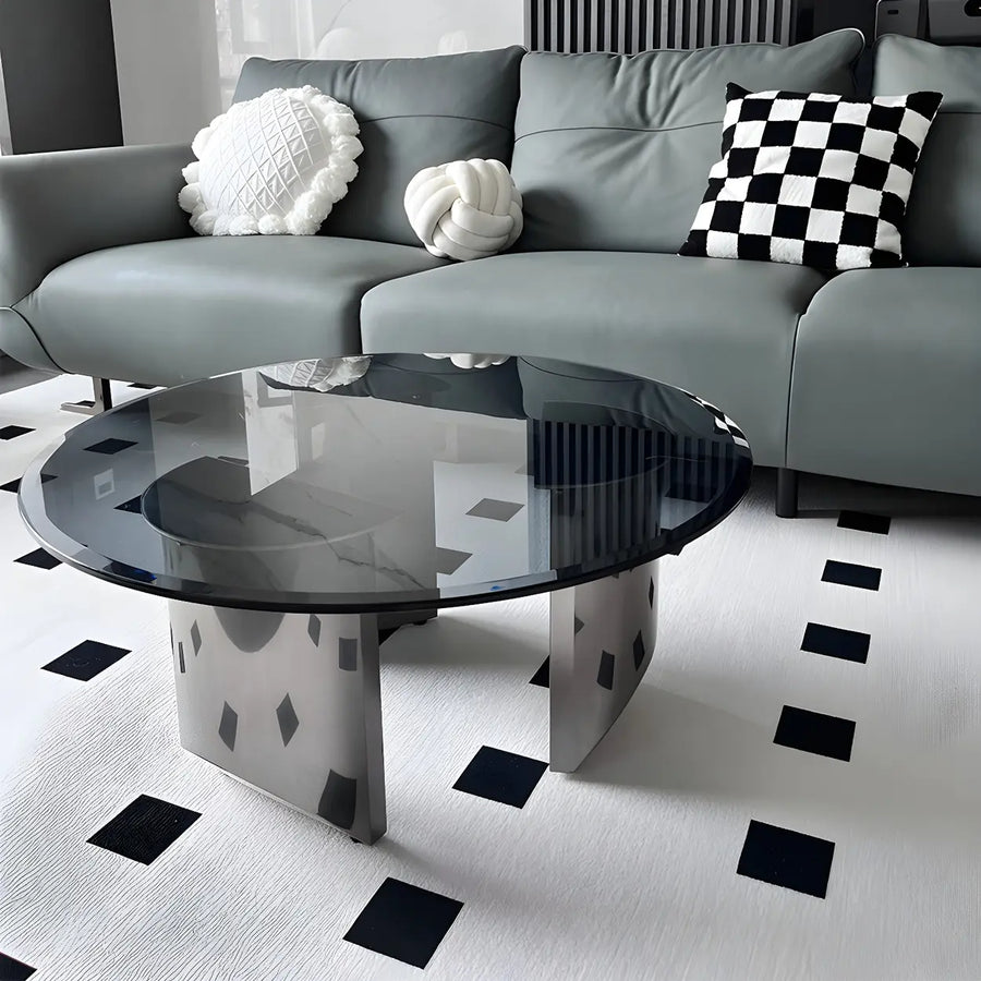Black Glass Round Silver Steel Three Leg Coffee Table