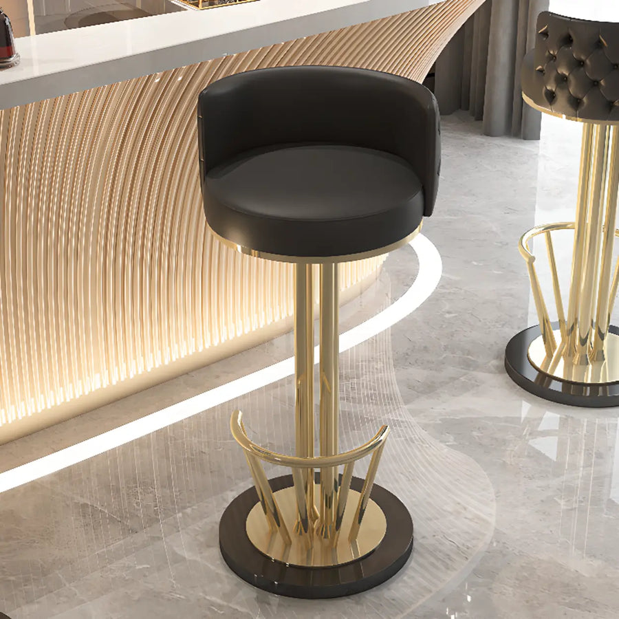 Black-Gold Round Leather Metal Pedestal Bar Stools