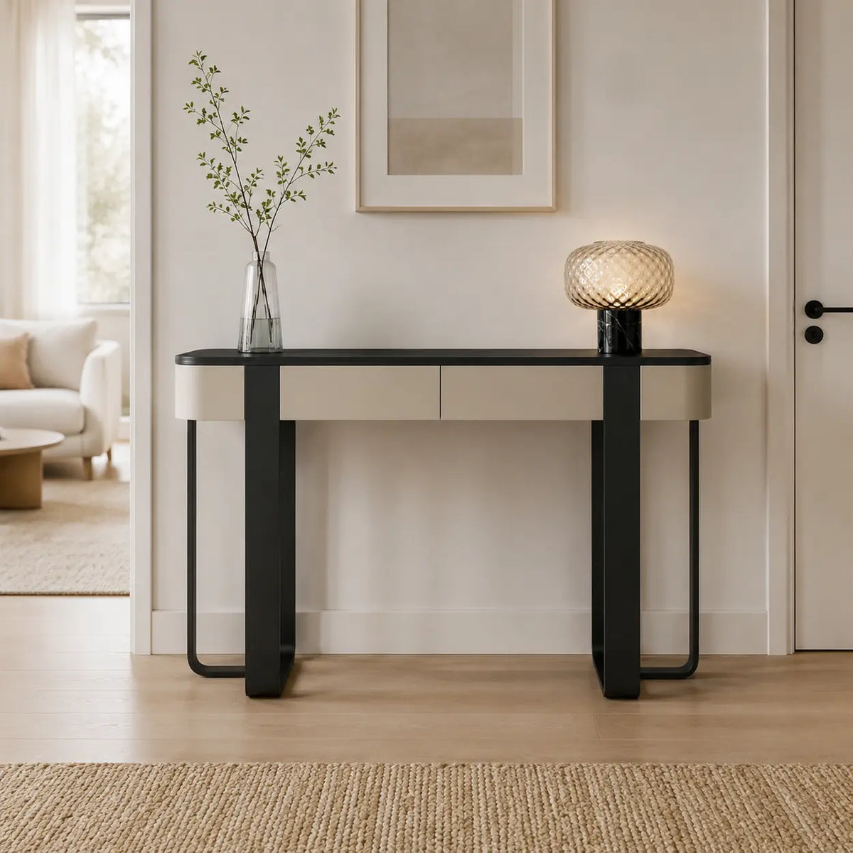 Black Metal Rectangular Console Table with Drawers