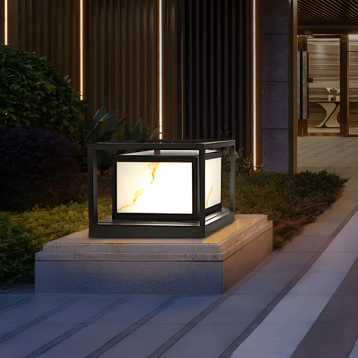 Black Square Metal Frame Outdoor Garden Solar Pillar Light