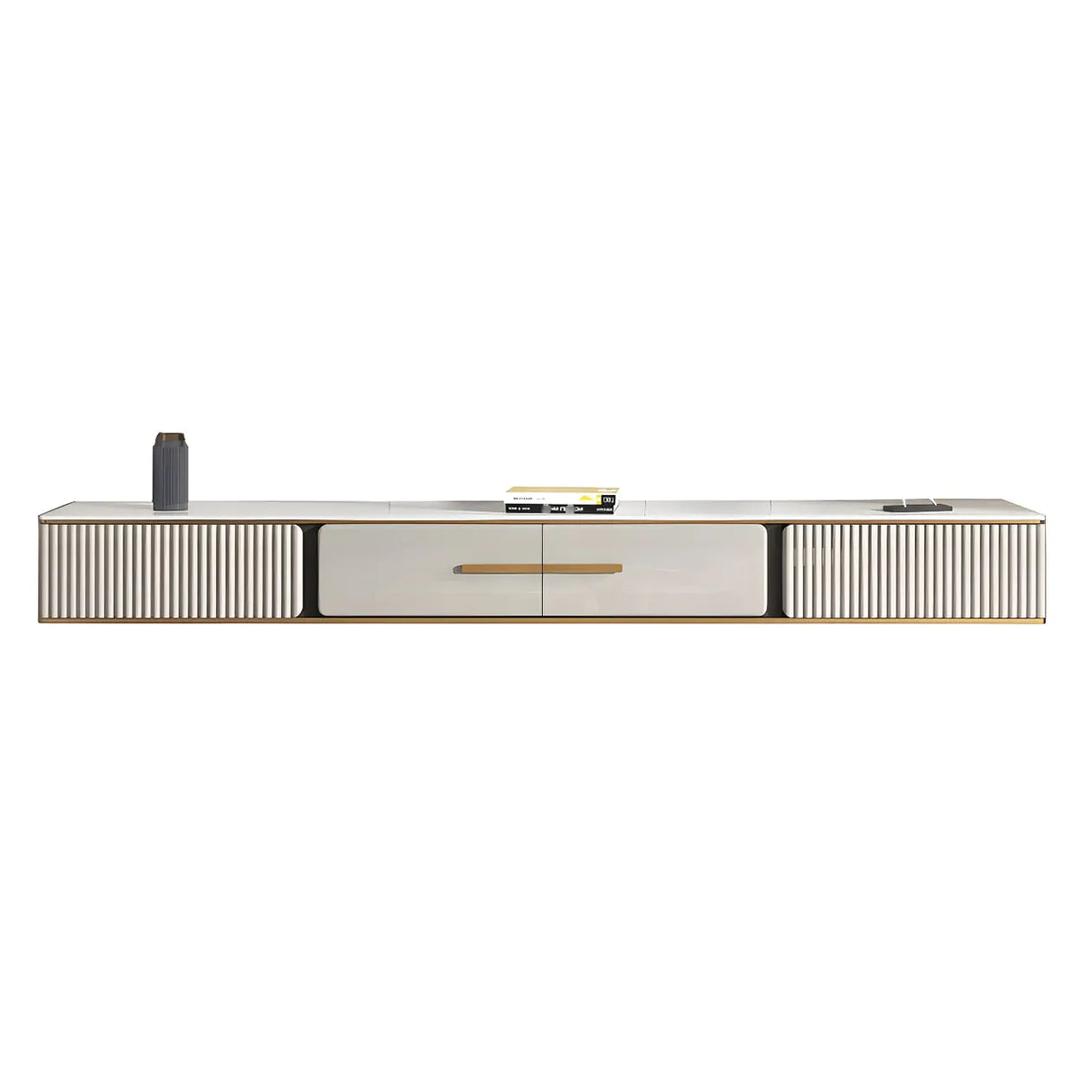 Black Stone Floating Mount Drawers Shelves TV Stand