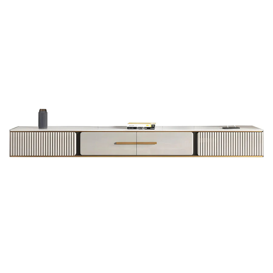 Black Stone Floating Mount Drawers Shelves TV Stand