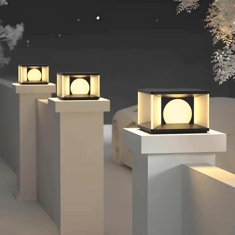 Black Unique Cubic Metal Outdoor Solar Table Pillar Light