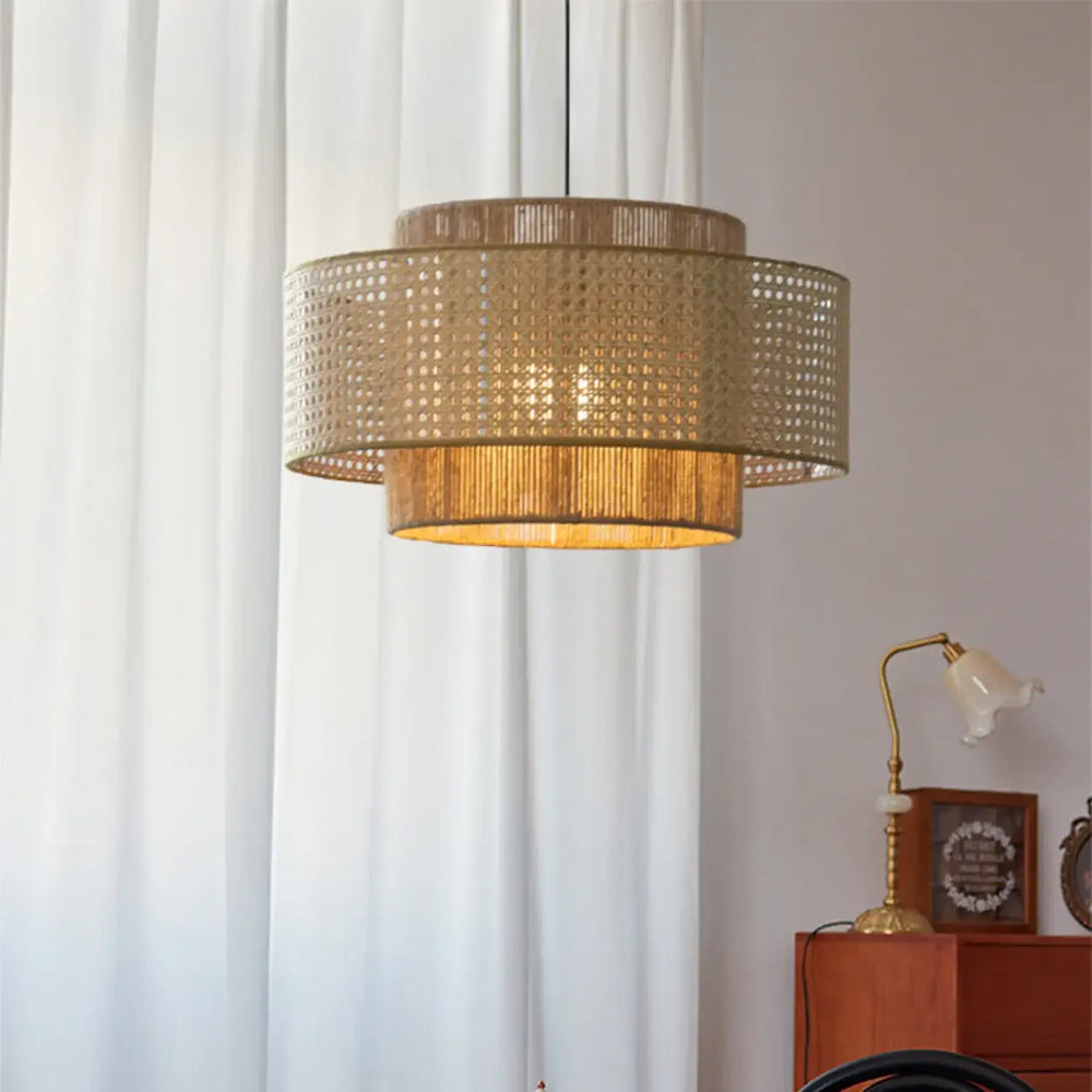 Bohemian Rustic Tiered Rattan Drum Dining Room Chandelier