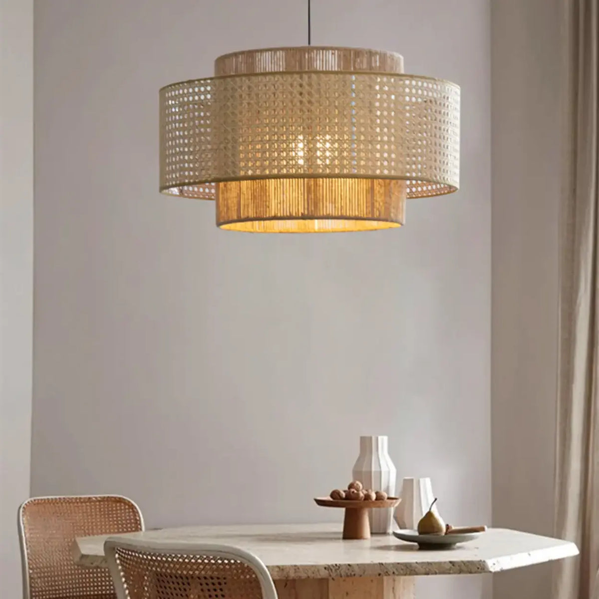 Bohemian Rustic Tiered Rattan Drum Dining Room Chandelier