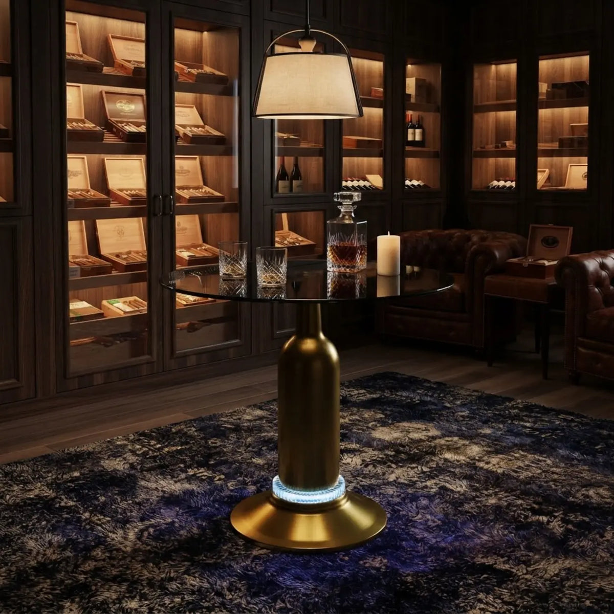 Brass Glass Round Side Table with LED Bluetooth Speaker
