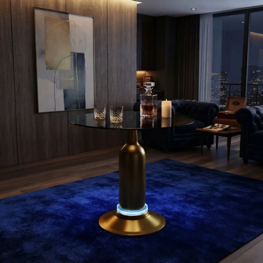 Brass Glass Round Side Table with LED Bluetooth Speaker
