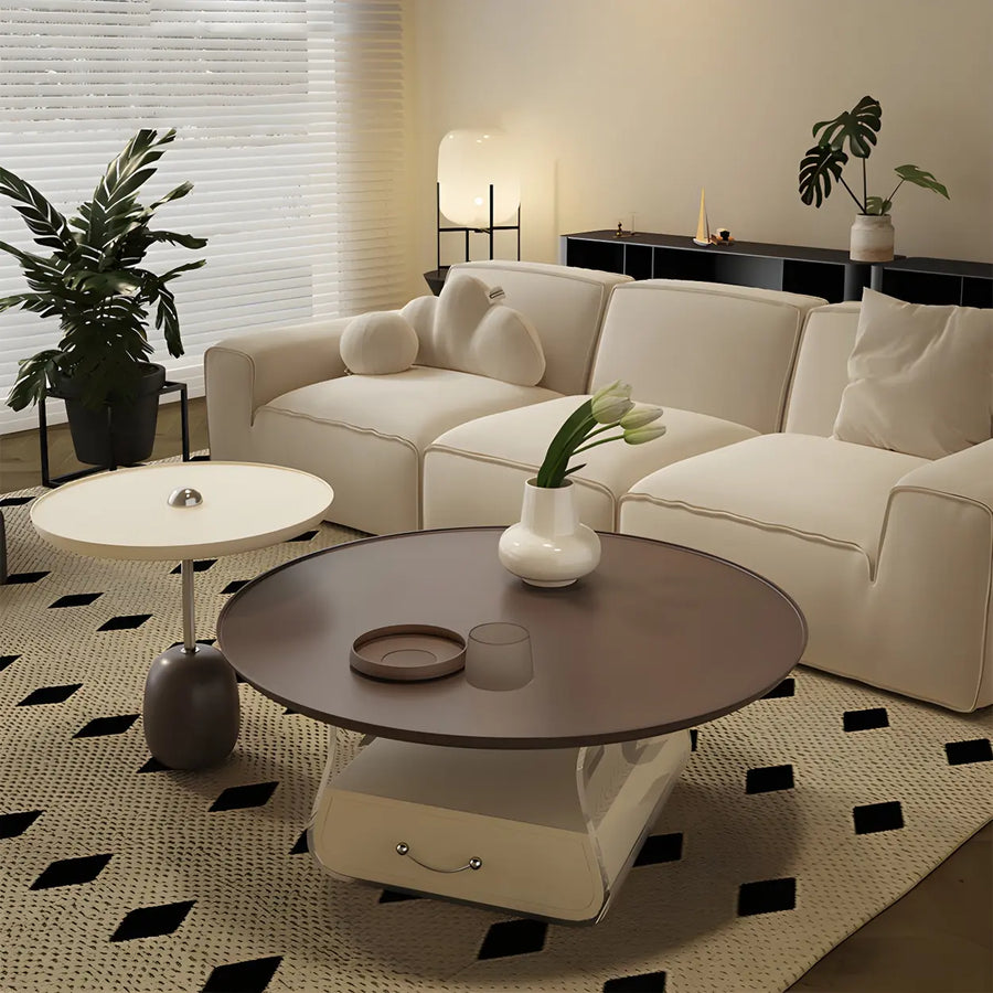 Brown Block Base Round Coffee Table with Storage