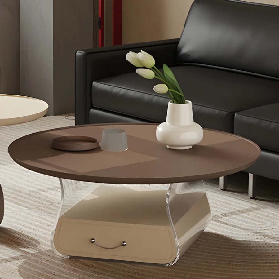 Brown Block Base Round Coffee Table with Storage