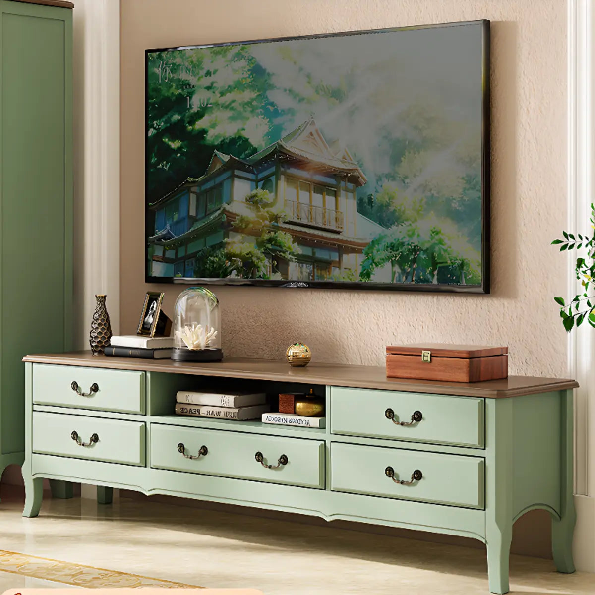 Brown-Green Wood Open Storage Drawers Long TV Stand