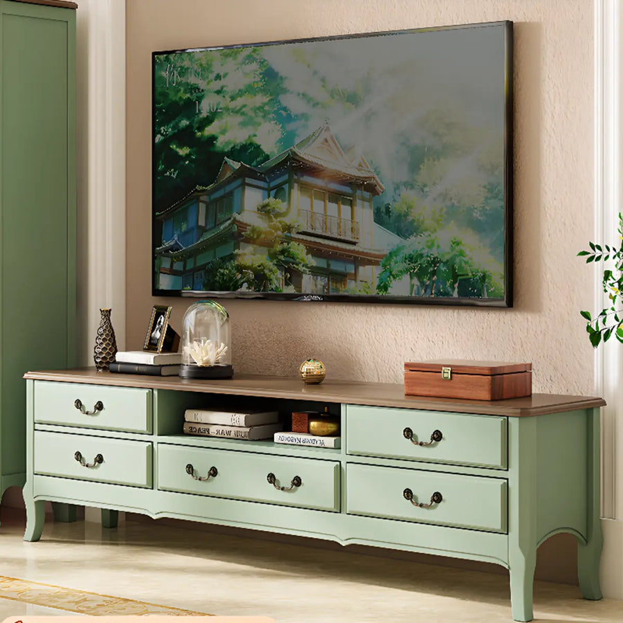 Brown-Green Wood Open Storage Drawers Long TV Stand