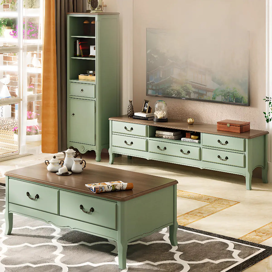 Brown-Green Wood Open Storage Drawers Long TV Stand