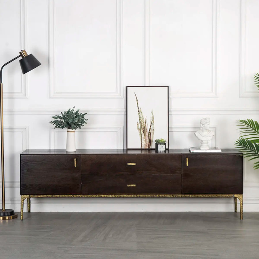 Brown Long Espresso Wood Tone Oak Cabinet TV Stand