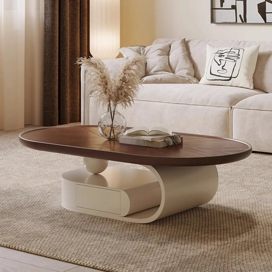 Brown Oval Wood Tray Top Abstract Base Coffee Table