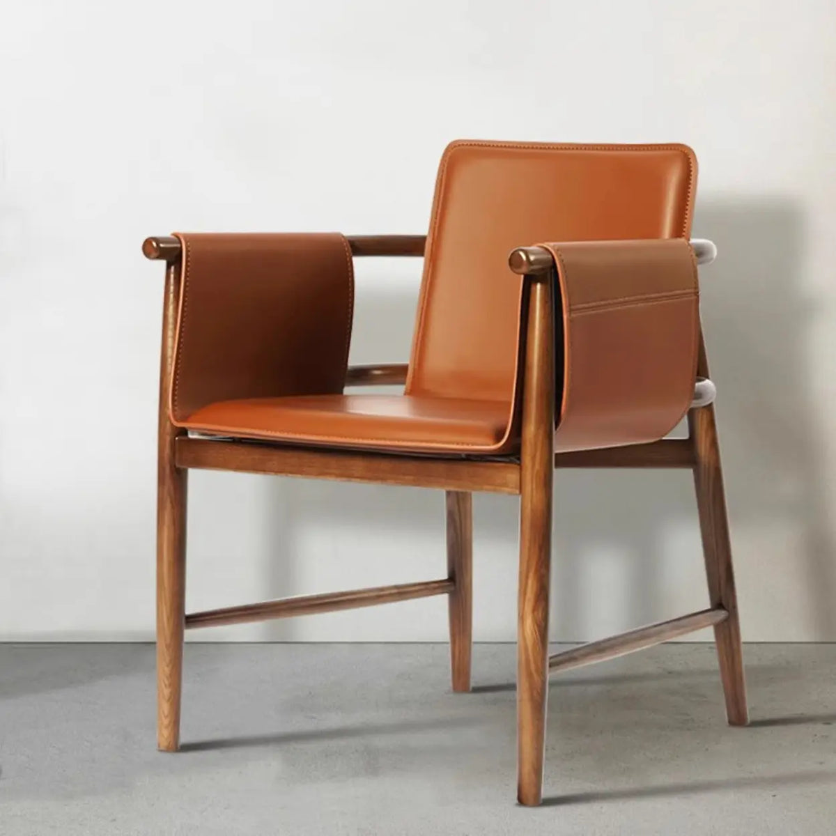 Brown Square Faux Leather Armchair Wooden Dining Chair