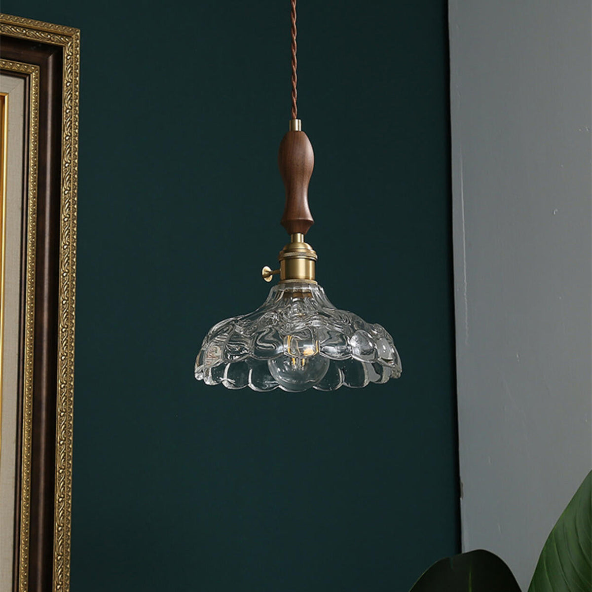 Brown Vintage Brass and Glass Petal Pendant Light