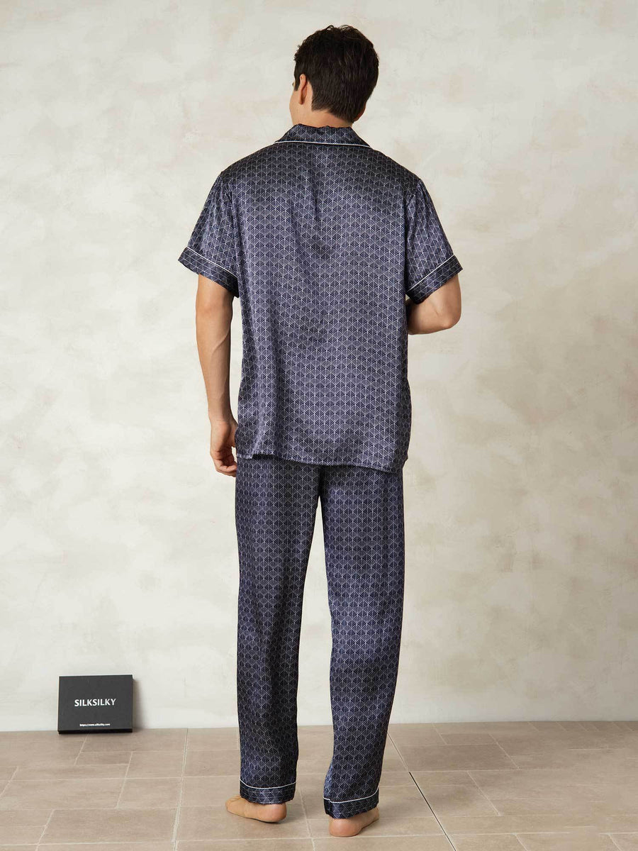 Clearance - Men's Pure Silk Navy Ginkgo Print Short Sleeve Pajamas Set with Pants