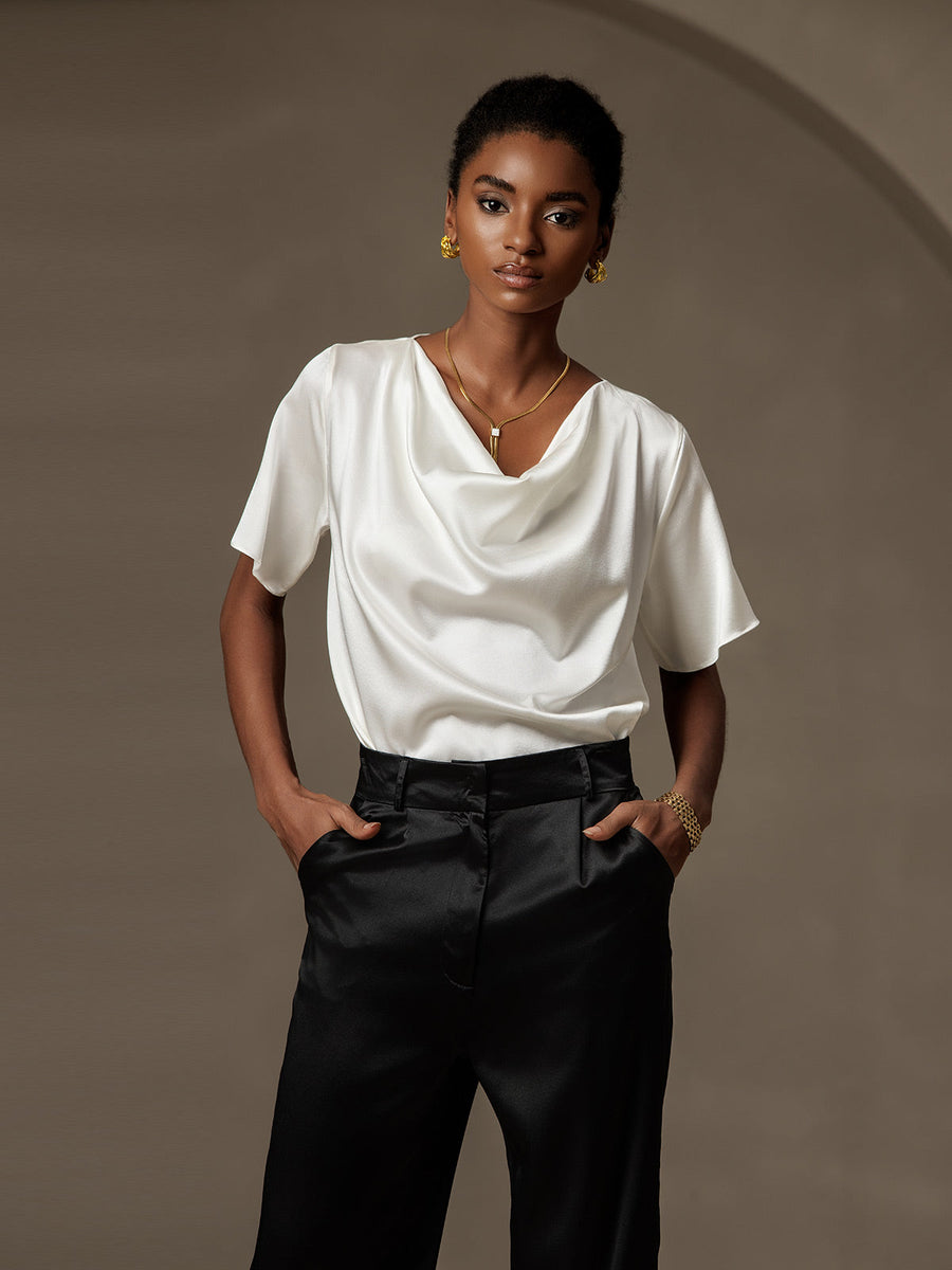 19Momme Women's Silk Short Sleeve Cowl Neck T-Shirt