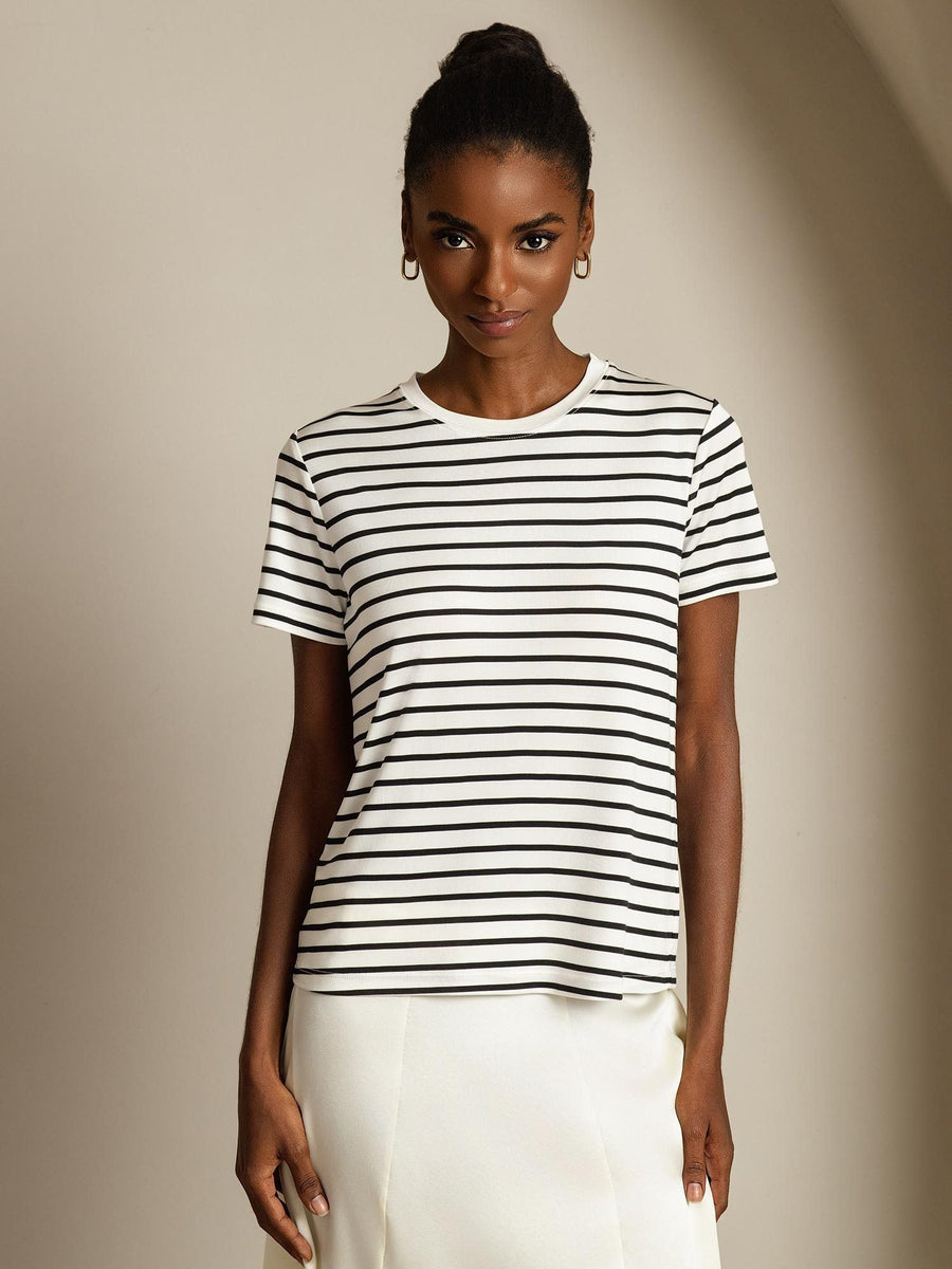 100% Mulberry Silk Crew Neck Short Sleeve Women's Sport Stripe Print T-Shirt