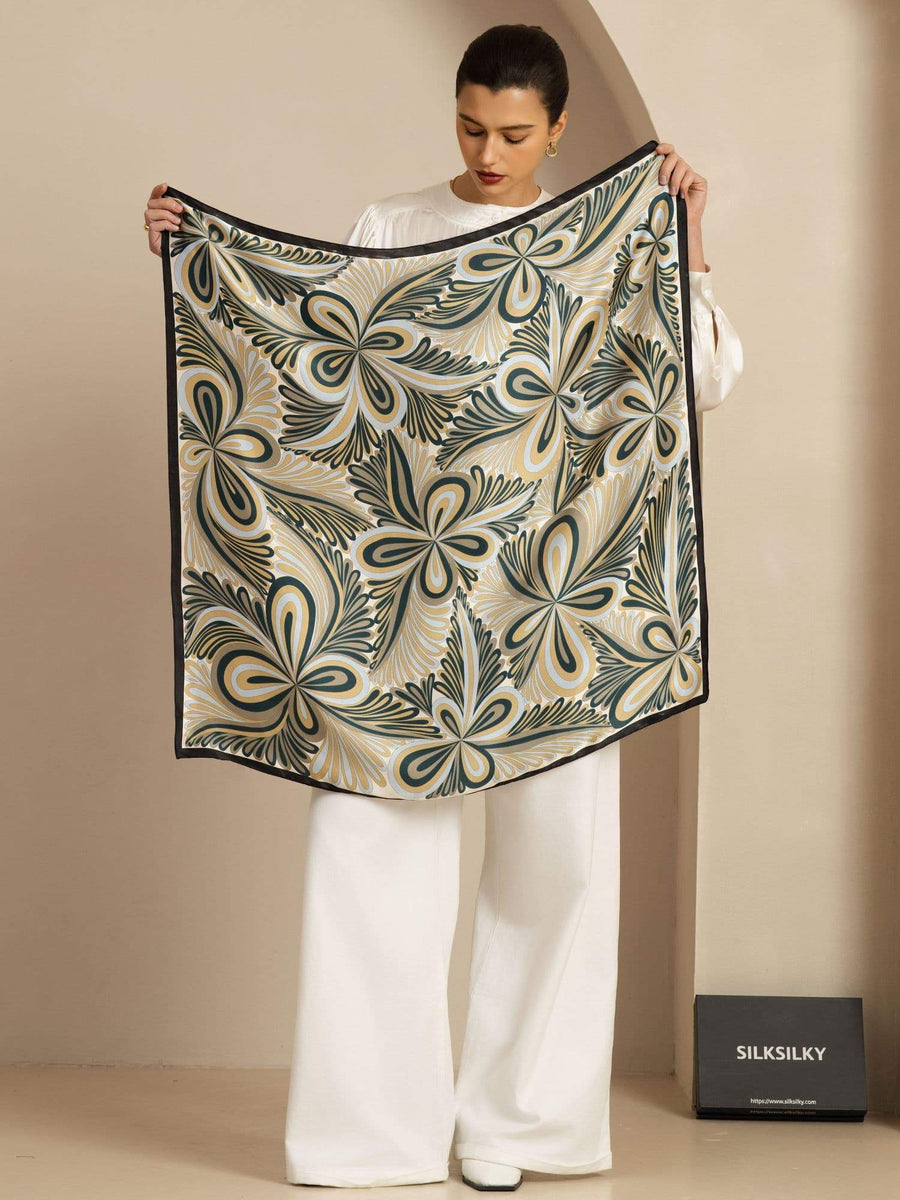 100% Mulberry Silk Abstract Floral Pattern Square Scarf - Size 90x90cm