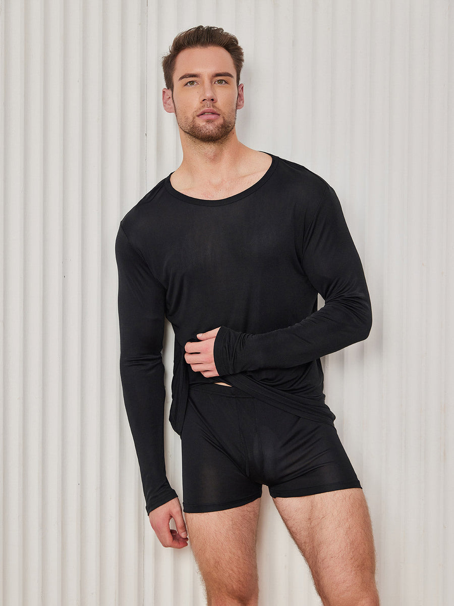 Mens Fashion Silk Long Sleeve Crewneck Tee