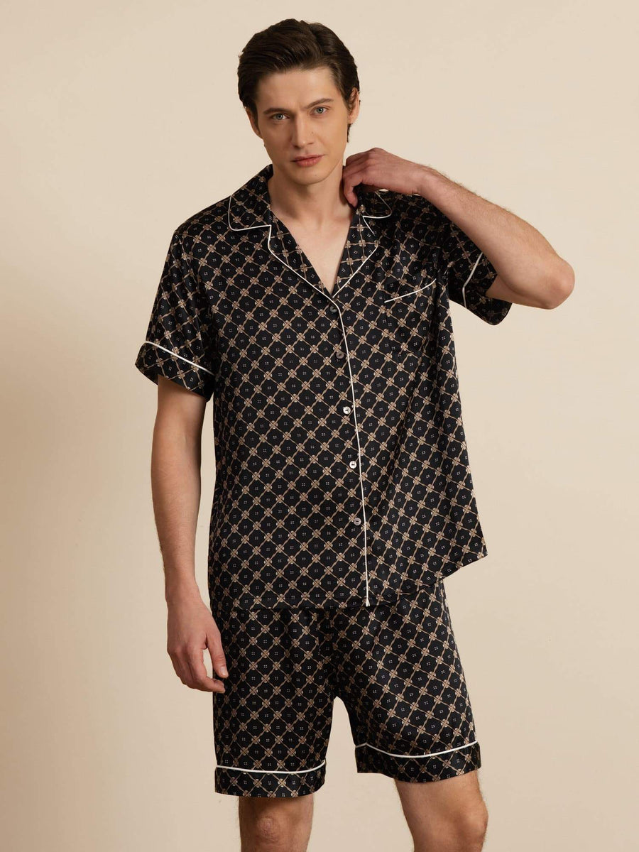 Clearance - 100% Mulberry Silk Short Sleeve Notch Collar Men's Chain Print Pajamas Set with Shorts