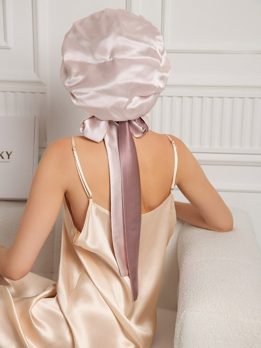 100% Mulberry Silk Casual Bonnet with Long Ribbons (Two-tone and Double-sided)