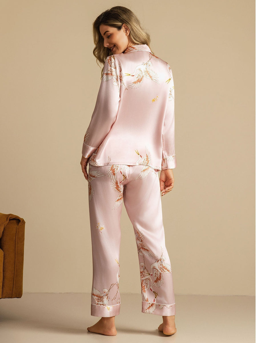 19Momme 100% Mulberry Silk Crane Print Women's Long Sleeve Notch Collar Pajamas Set