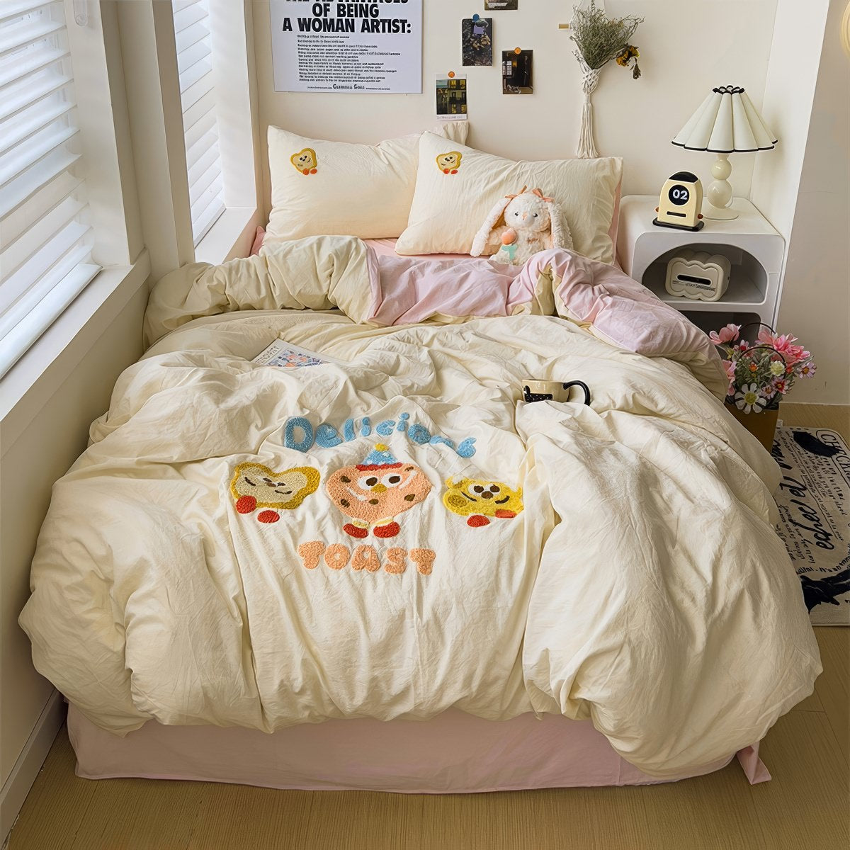 Cartoon Embroidered Toast Bread Bedding Set