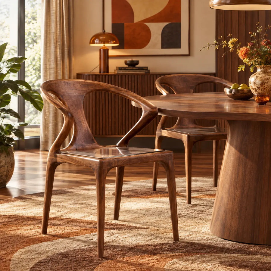 Chic Sculptural Open Low Back Solid Walnut Wood Dining Chair