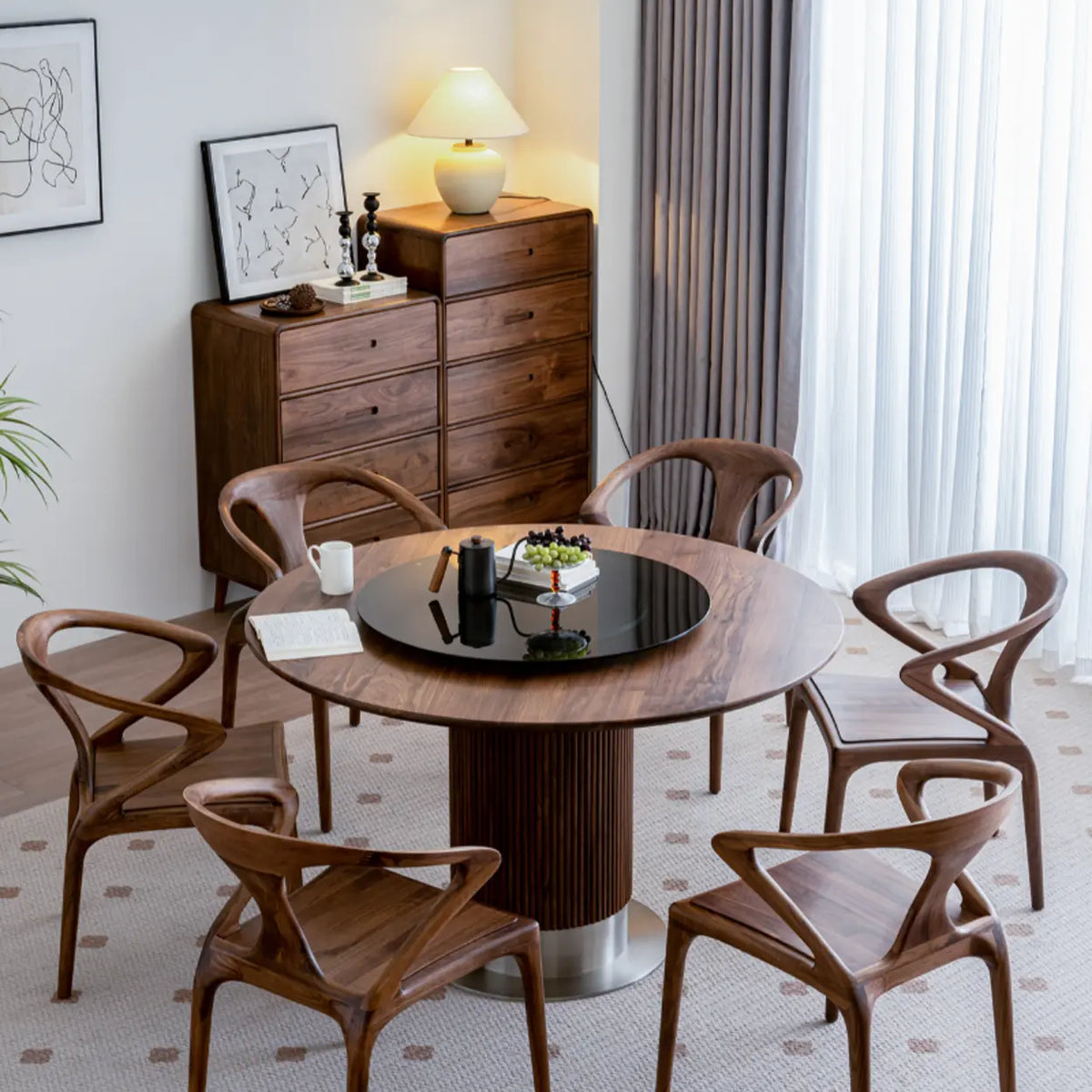 Chic Sculptural Open Low Back Solid Walnut Wood Dining Chair