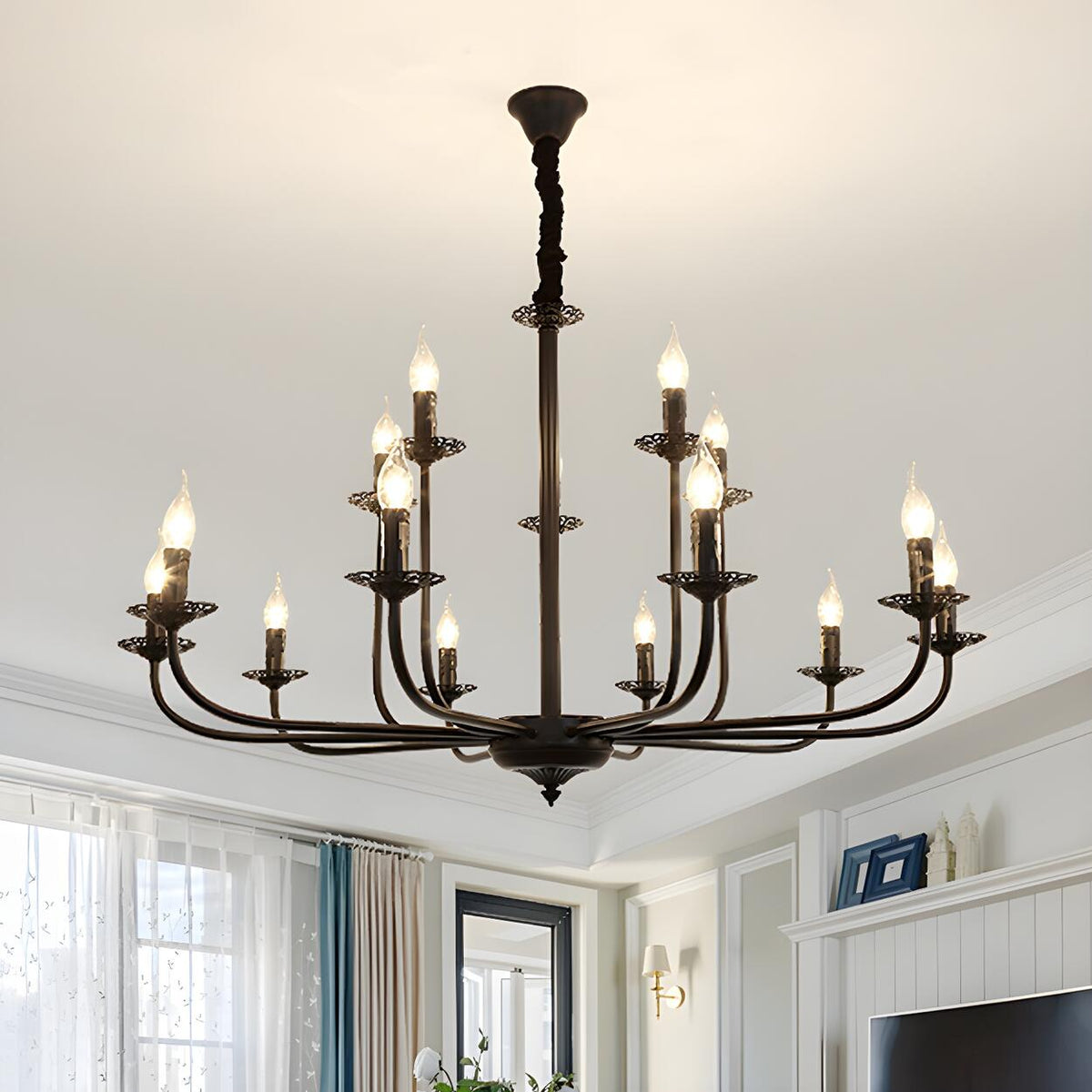 Classic Black Iron Candle Living Room Pendant Chandelier