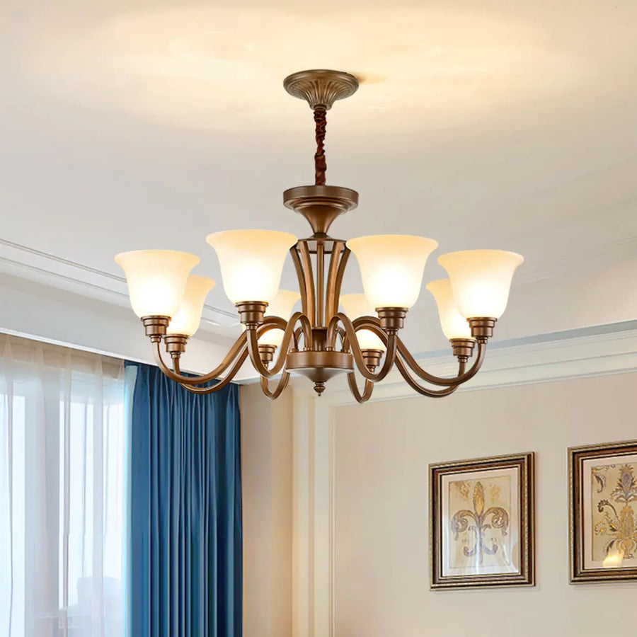 Classic Bronze Curved Arms Round Frosted Glass Chandelier