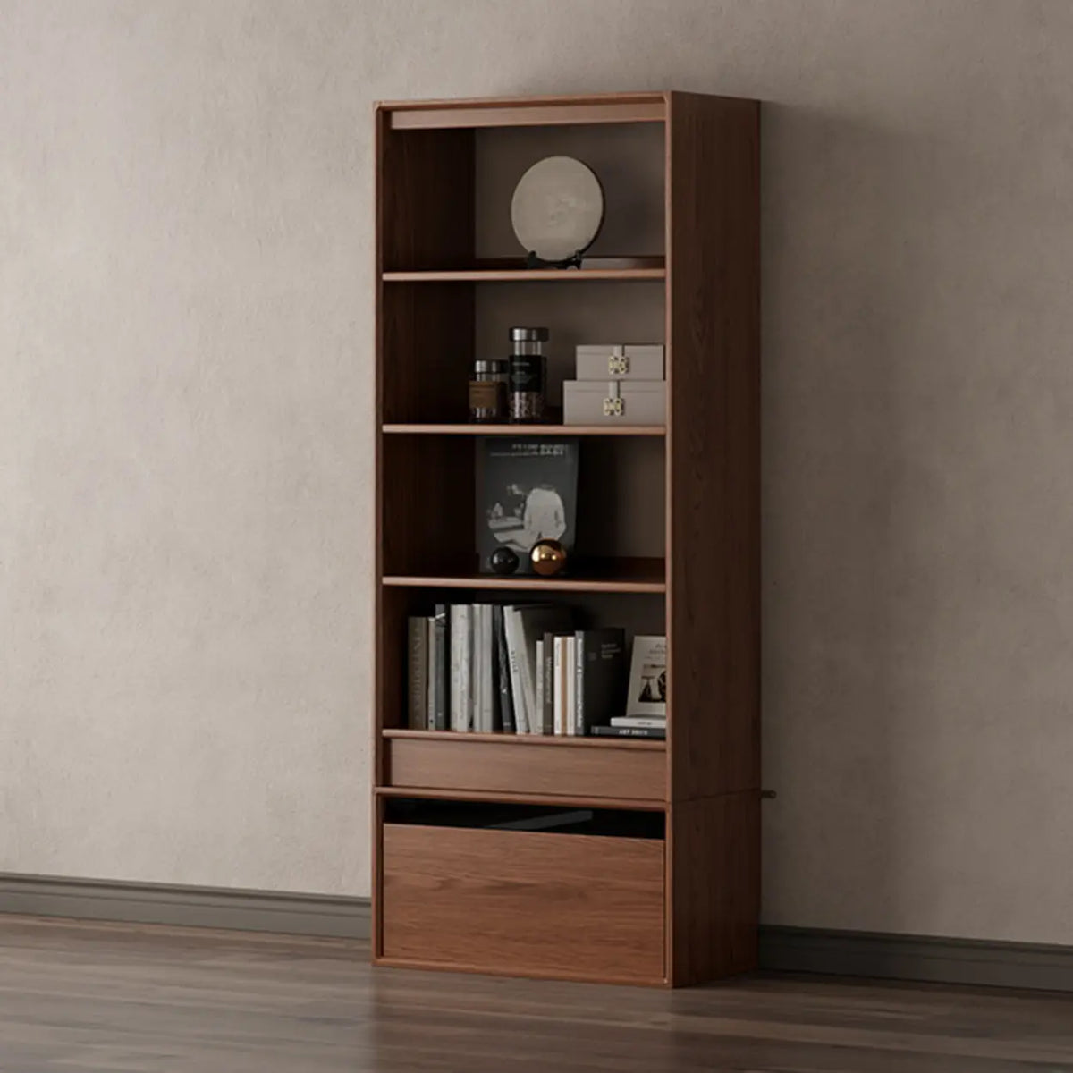 Classic Brown Wood Vertical Bookshelf with Drawers