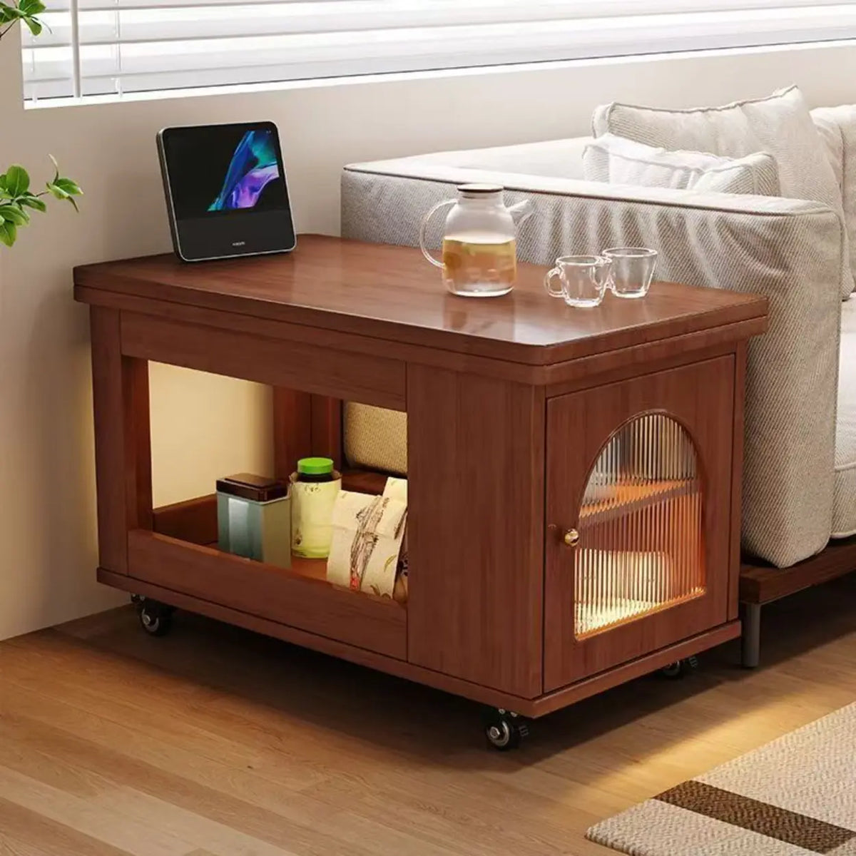 Classic Mobile Foldable Brown Wood Side Table with Storage