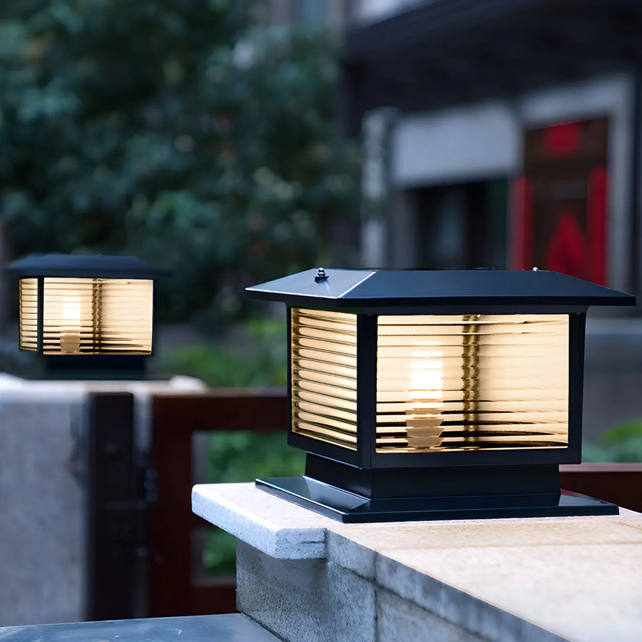 Classic Square Glass Outdoor Pillar Table Lamp Black