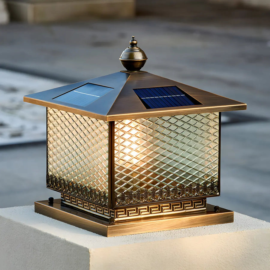 Classic Square Textured Glass Solar Post Outdoor Pillar Light